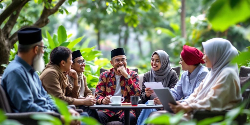 Kelompok cendekiawan berdiskusi di luar ruangan.